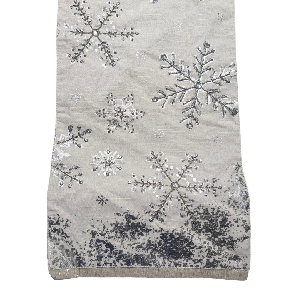 Silver Beaded Snowflake Table Runner Gray Metallic Holiday Winter Decor 72 Inch